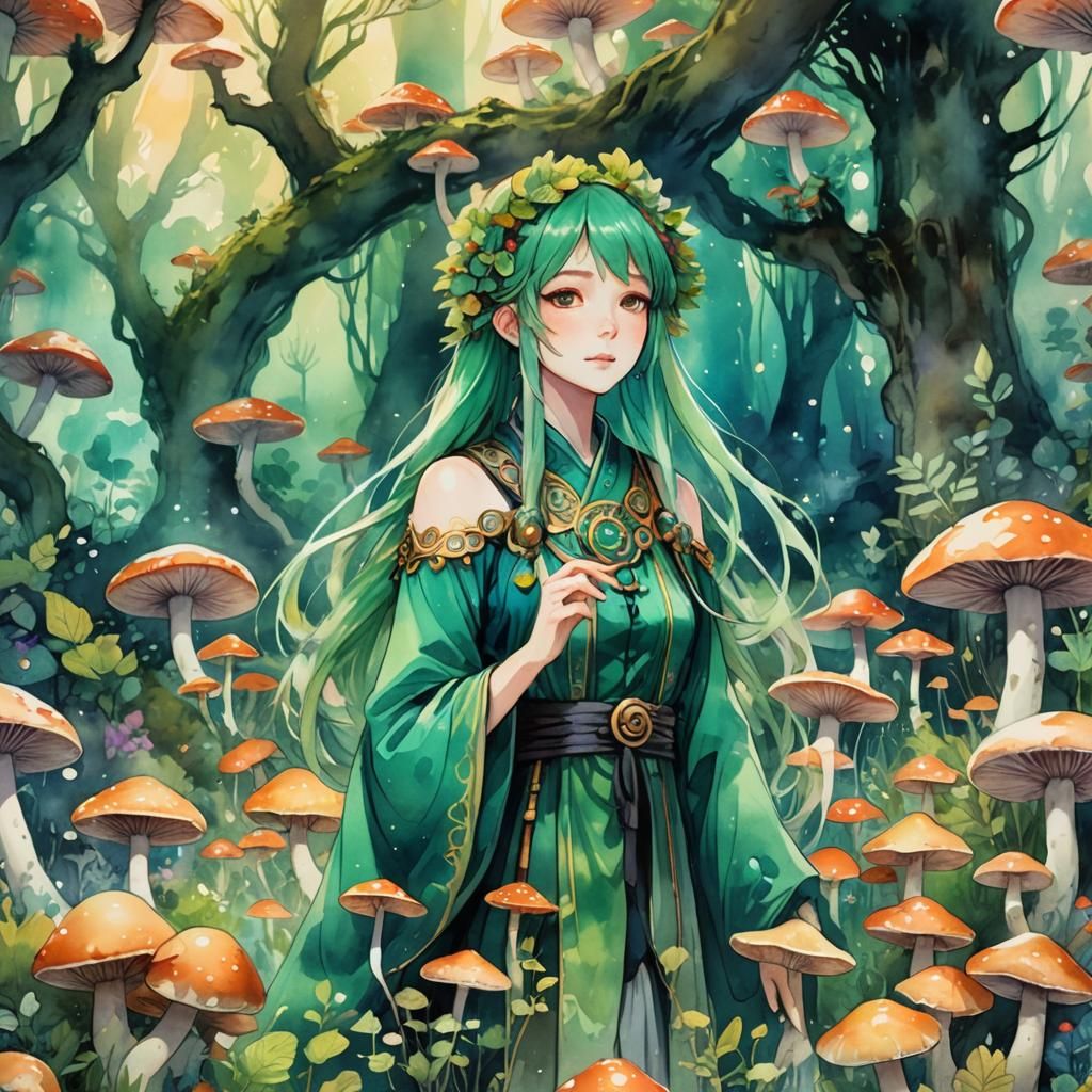 Anime Druid in Mushroom Circle with Emerald Mist