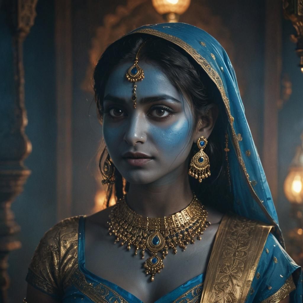Blue Desi Goddess Portrait in Ornate Indian Attire