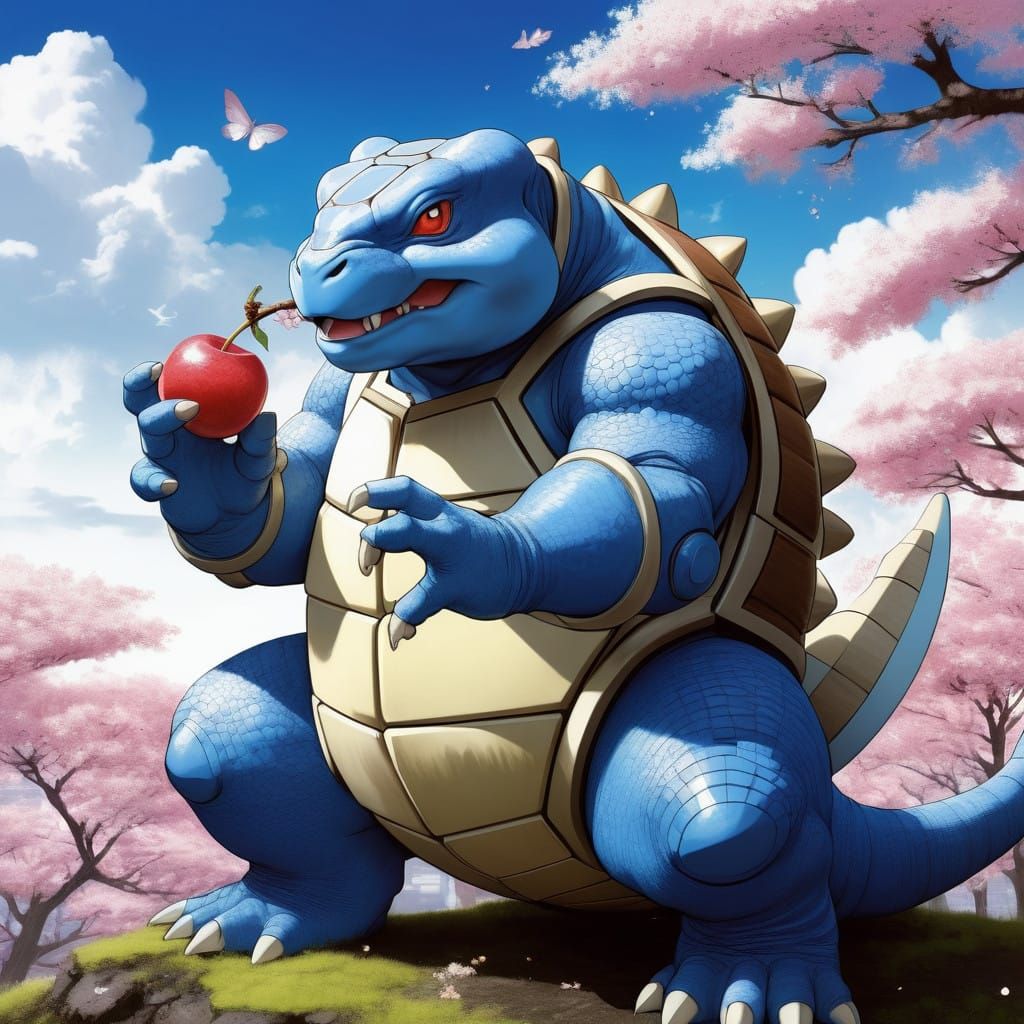 Gentle Blastoise Savoring Cherry Blossom in Anime Style