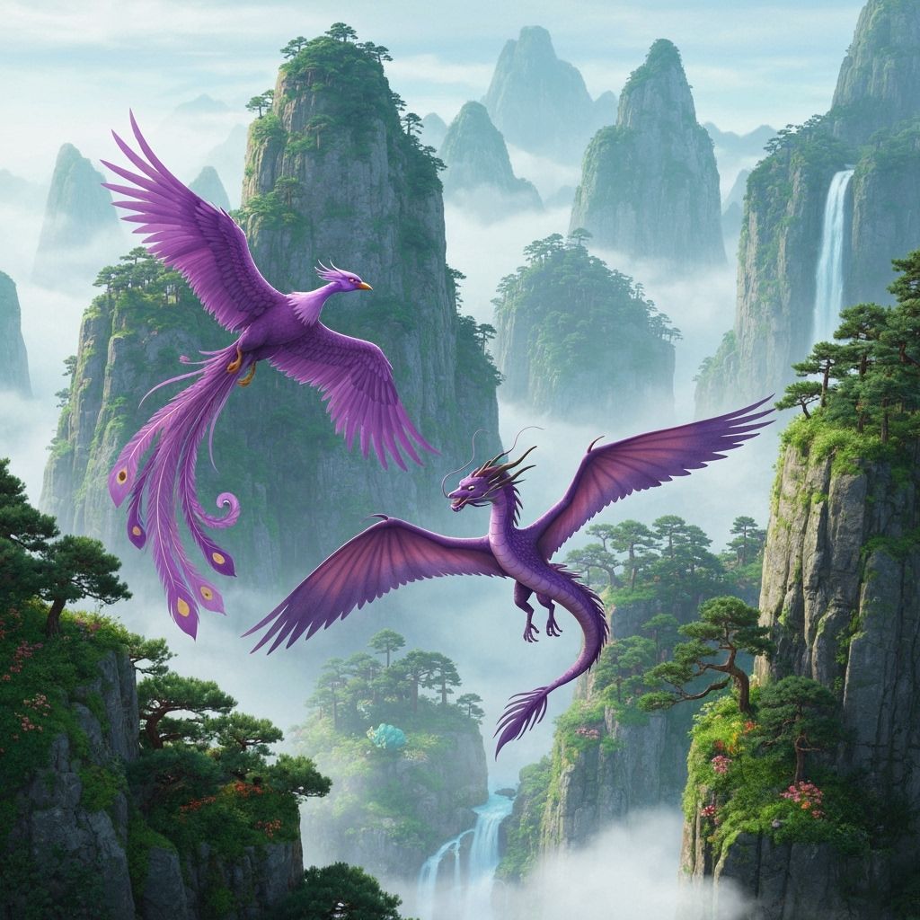 Purple Phoenix and Dragon Soaring Over Ancient China