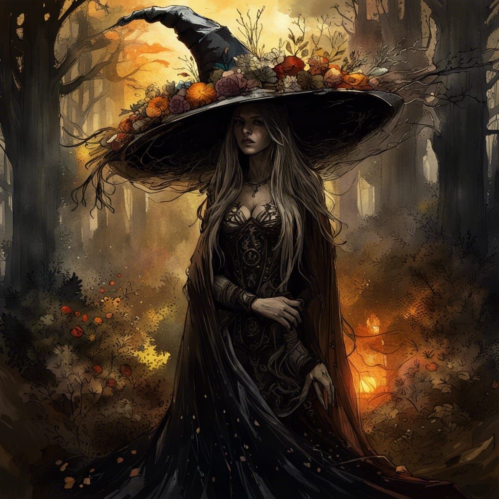 Mystical Witch in Forest Under Golden Sunlight