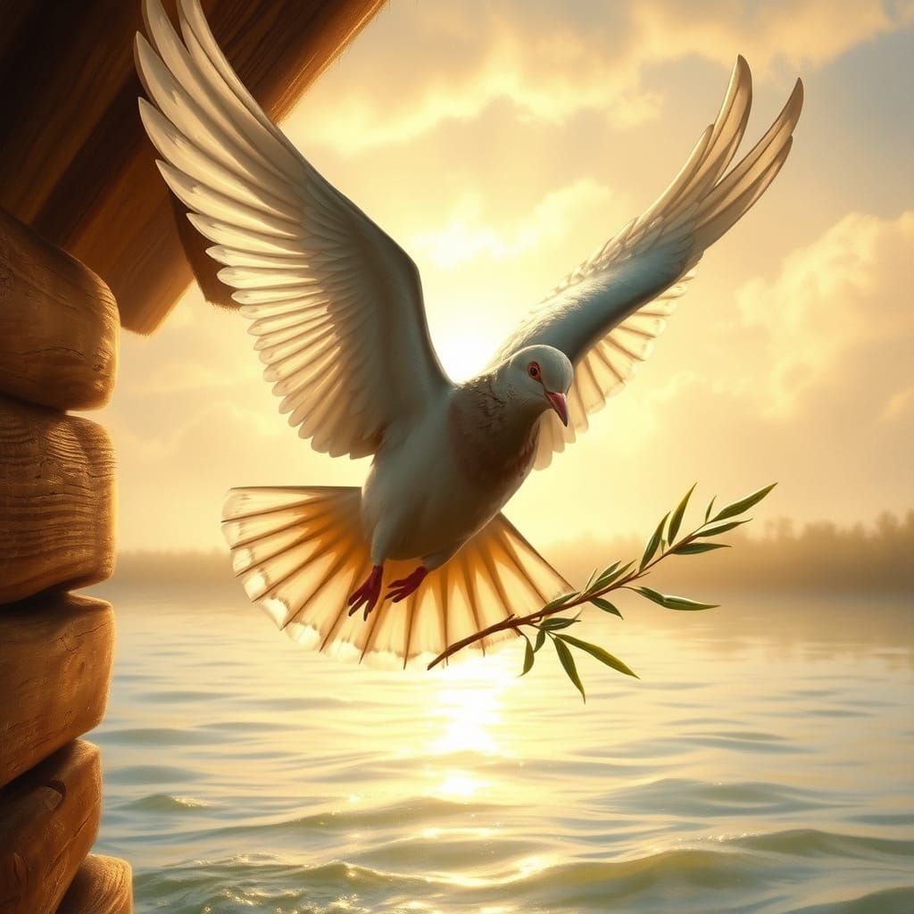 Majestic Dove Returns to Ark with Olive Branch in Soft Morni...