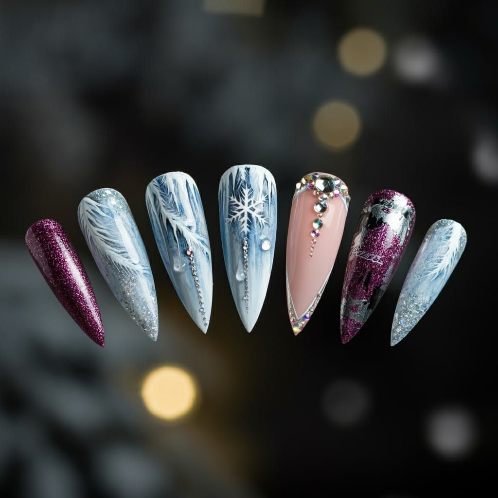 Whimsical Winter Nail Art in Impressionist Style