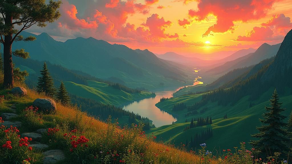 Lush Valley at Sunrise: Digital Art Landscape