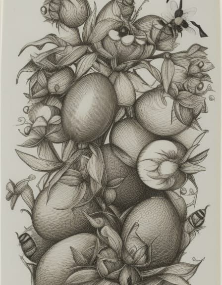 Bees, Eggs, and Roses: Botanical Etching Illustration