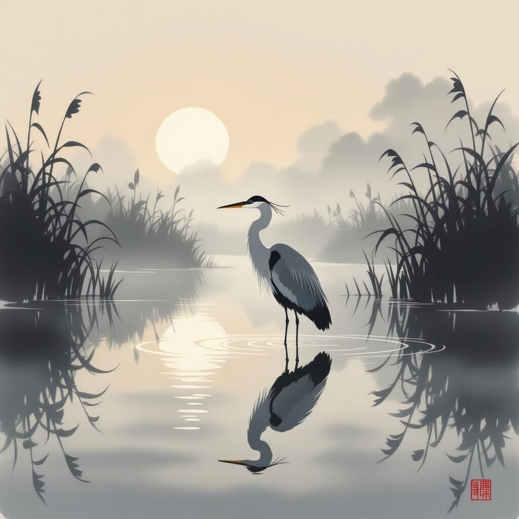 Tranquil Heron at Dawn in Japanese Ink Wash Style