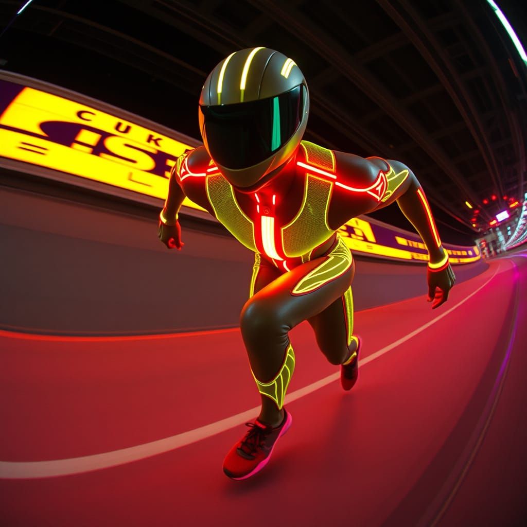 Futuristic Athlete Sprinting in Cyberpunk Style