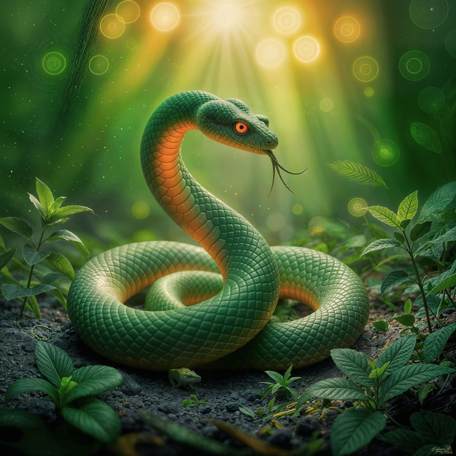 Surreal Bioluminescent Serpent in Dark Landscape