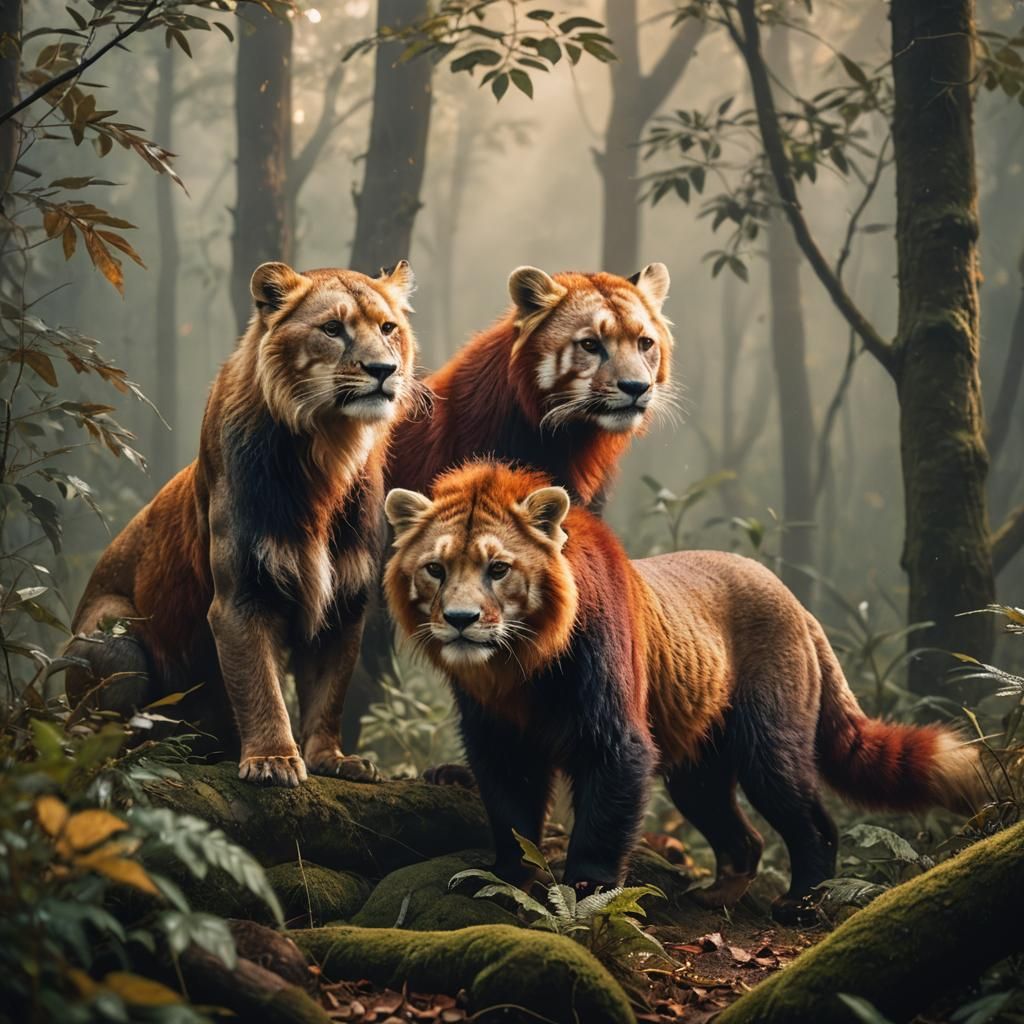 Lion and Red Panda in Misty Forest