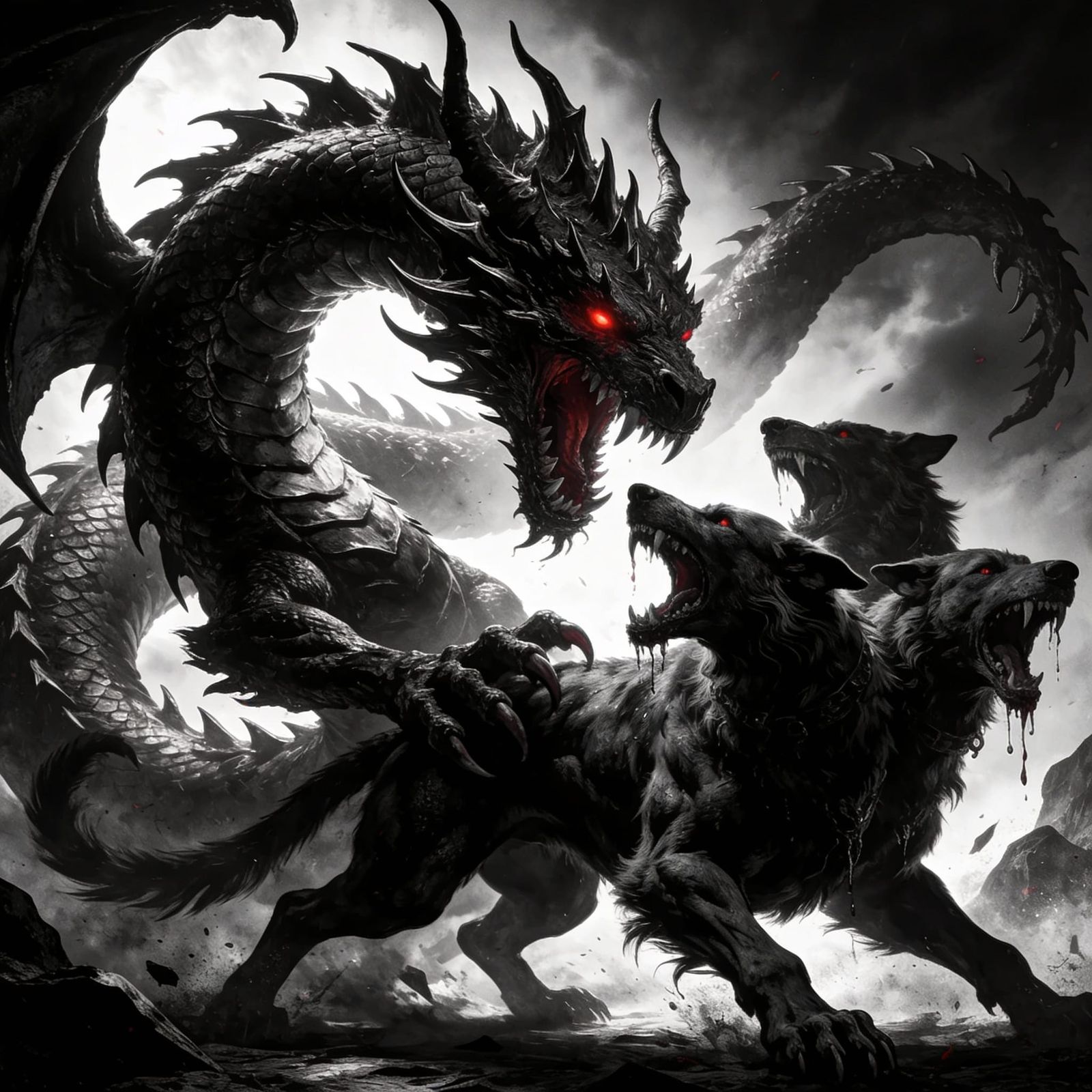 Biblical Leviathan Battles Cerberus in Tenebrism