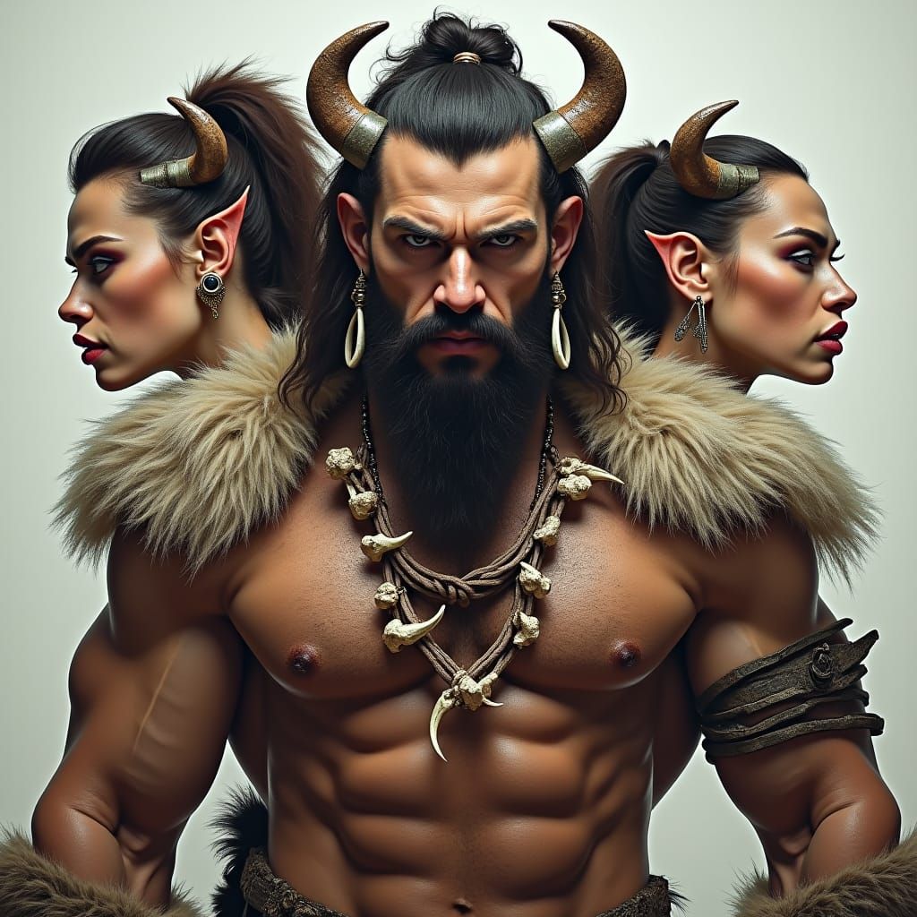 Three-Headed Barbarian Warrior in Fur Armor