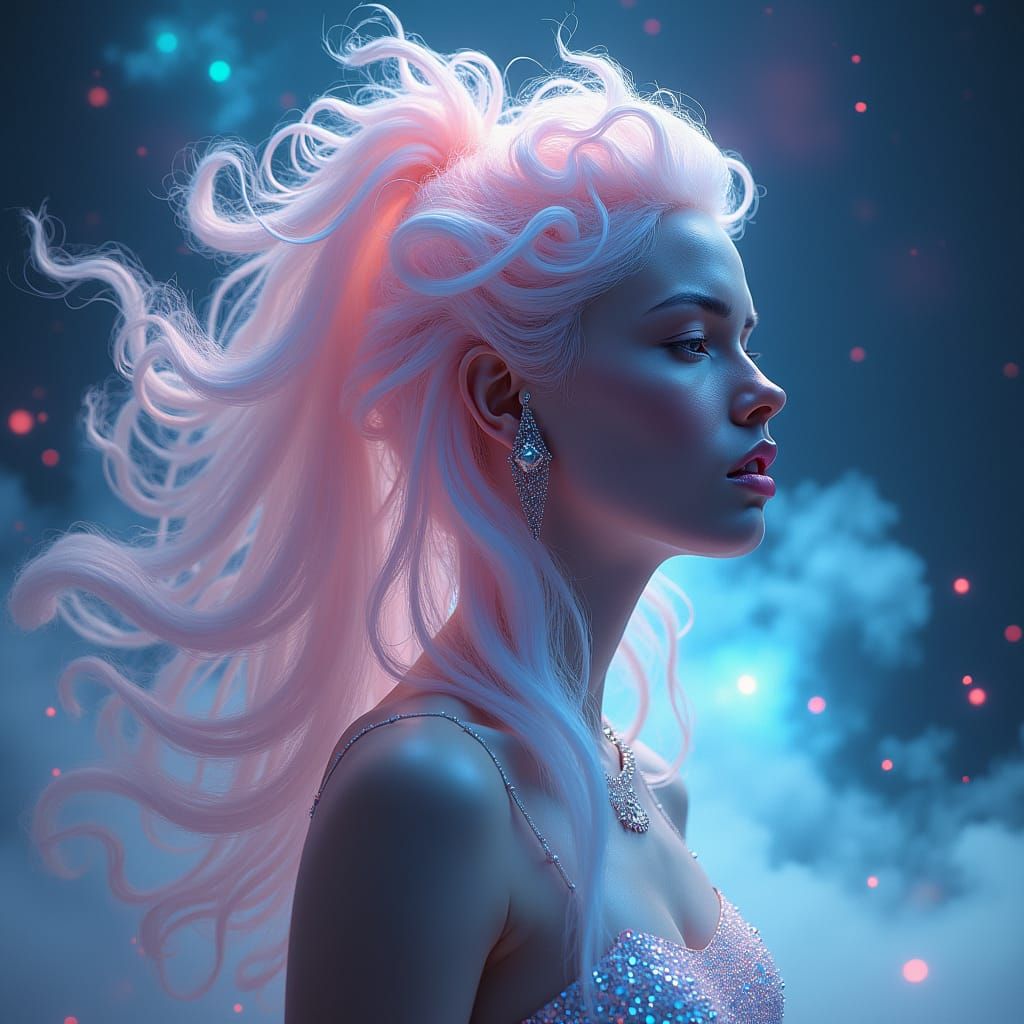 Enigmatic Woman with Crystal Hair in Cyberpunk Style