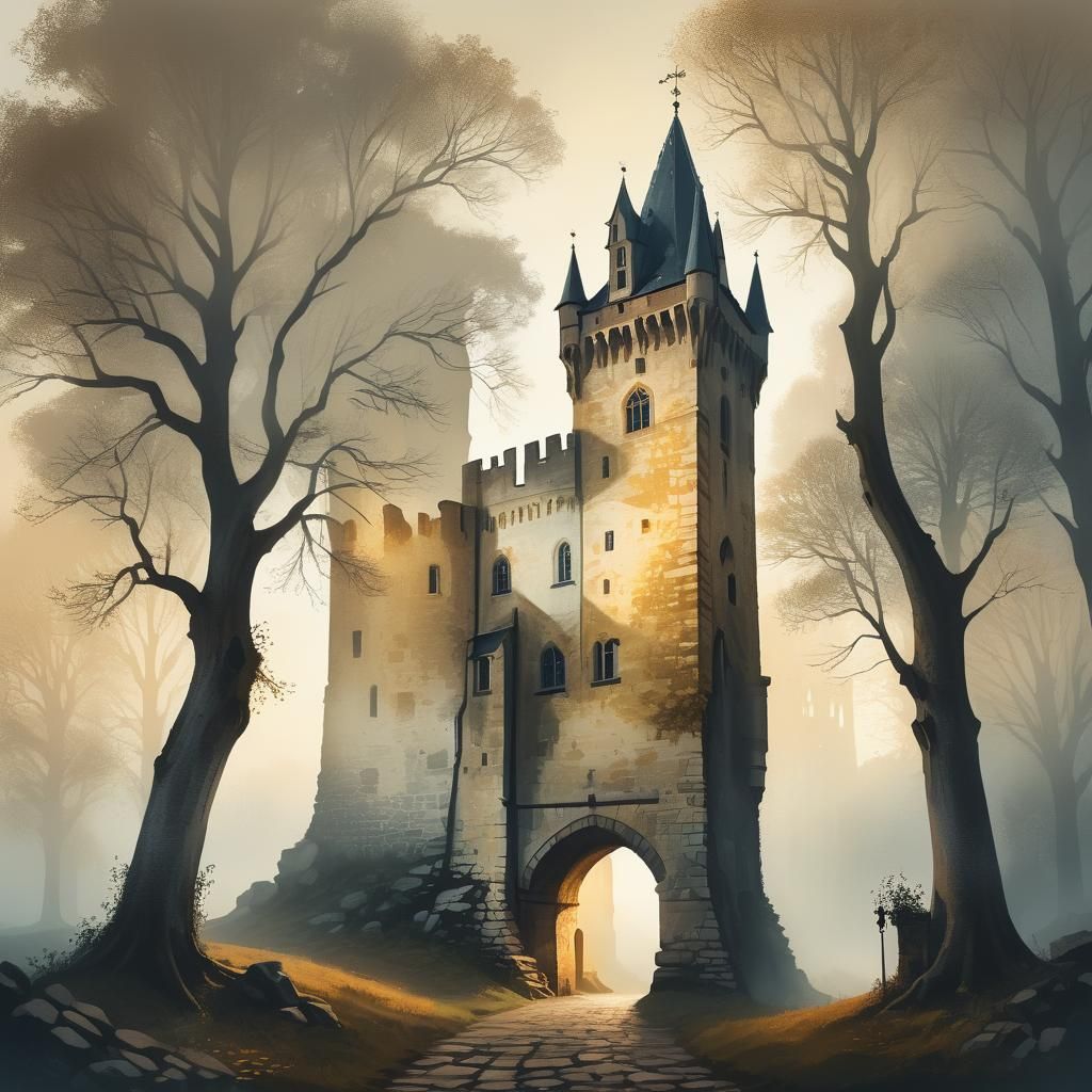 Eschenheim Tower in Misty Medieval Landscape