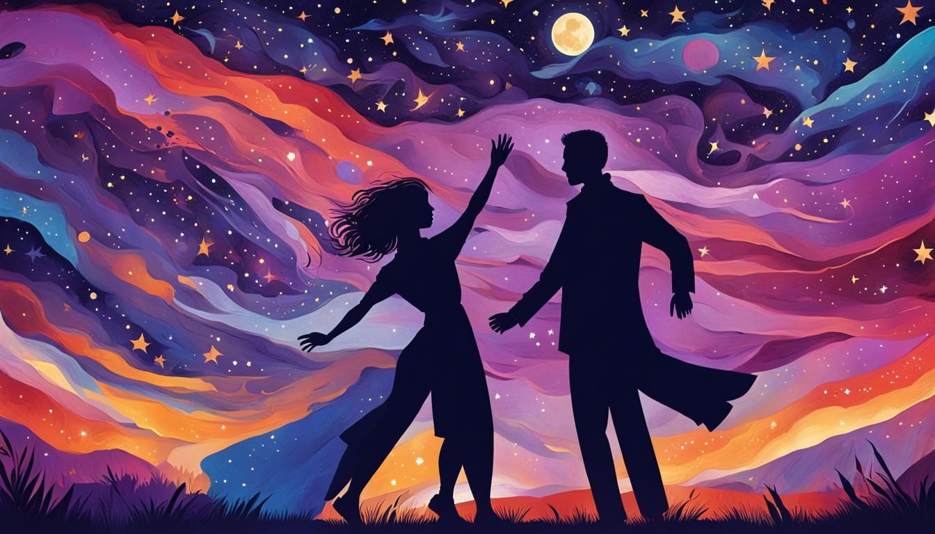 Couple Dancing Under Starry Sky in Rich Colors