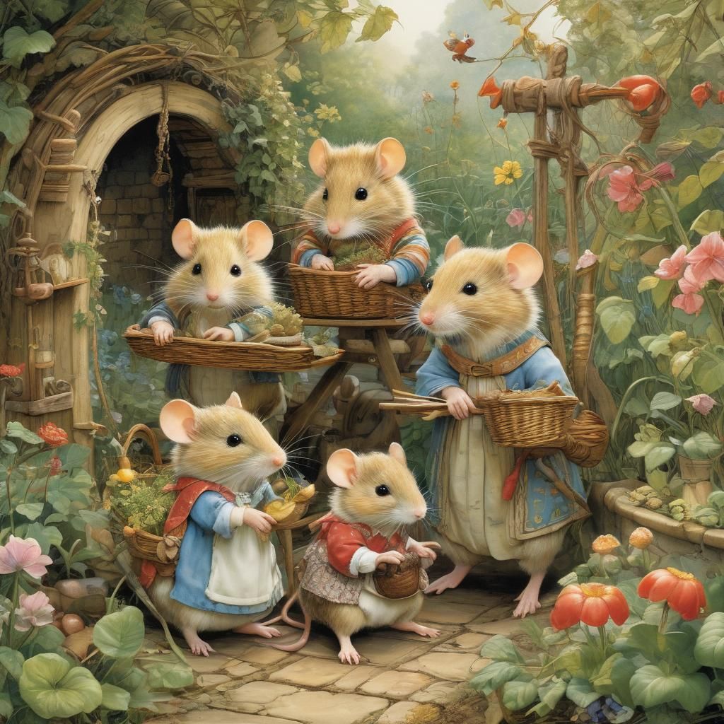 Charming Mouse Family in Garden Illustration