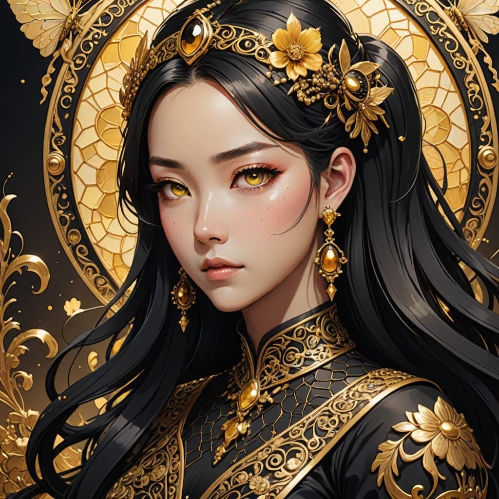 Manga-Inspired Queen of Bees in Ornate Gown with Vibrant Col...