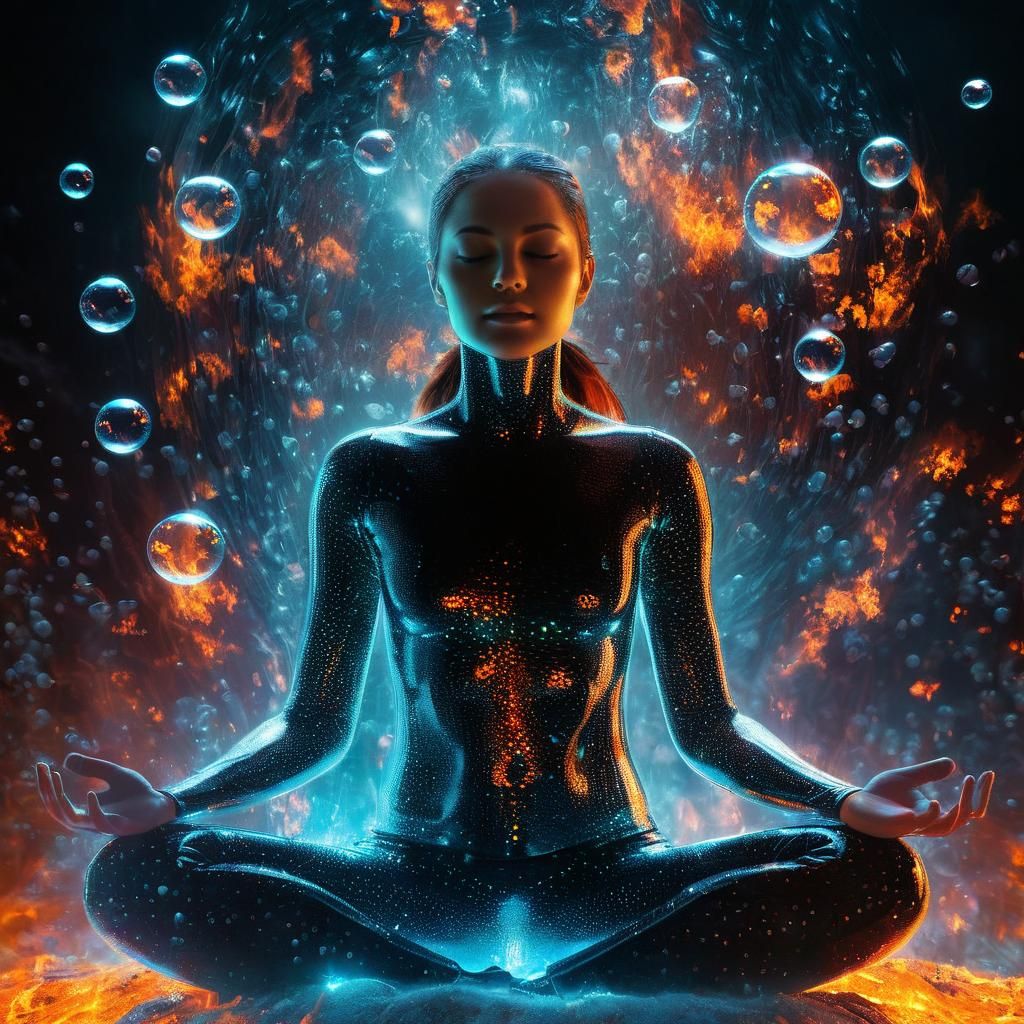 Apneist Woman Meditating in Cyberpunk Style