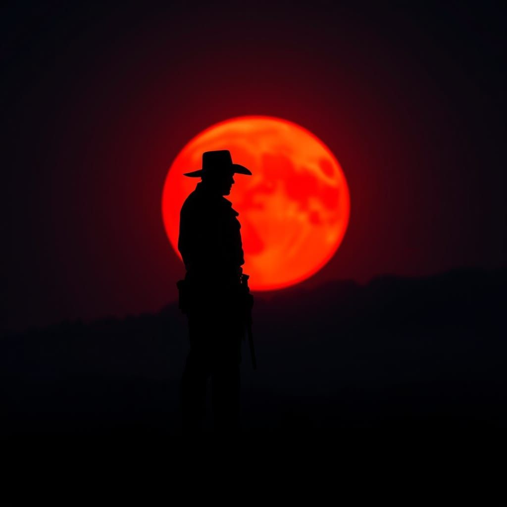 Cowboy Silhouette Under a Red Moon in HDR