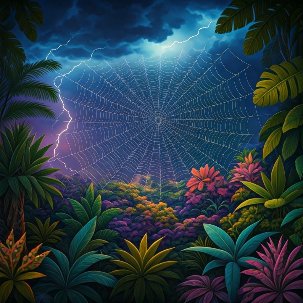 Surreal Rainbow Spiderweb in Stormy Jungle