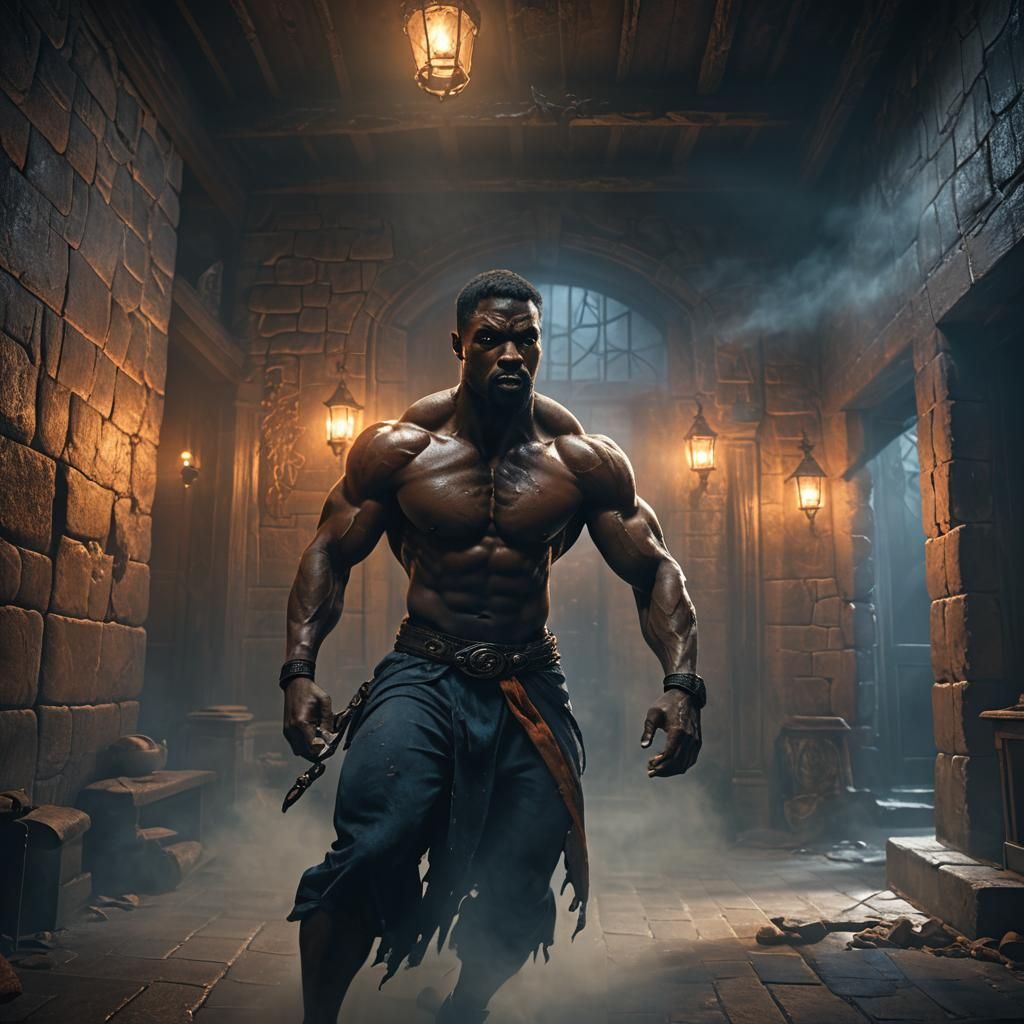 Dark Fantasy: Muscular Man Battles Ghosts in Haunted House