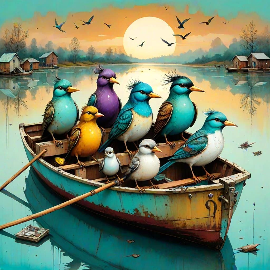 Surreal Bird Collage on Misty Lake, Mixed Media