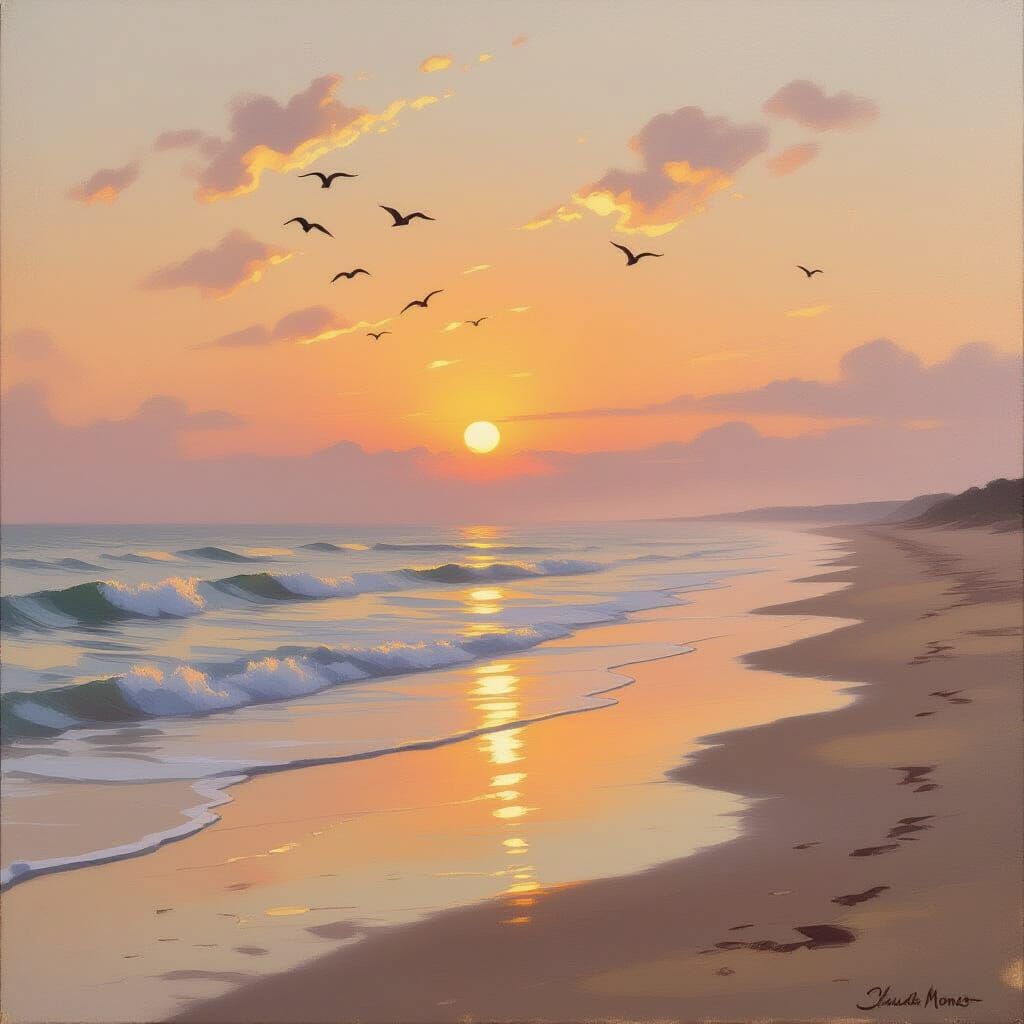 Impressionist Beach Sunset: Gentle Waves and Misty Skies
