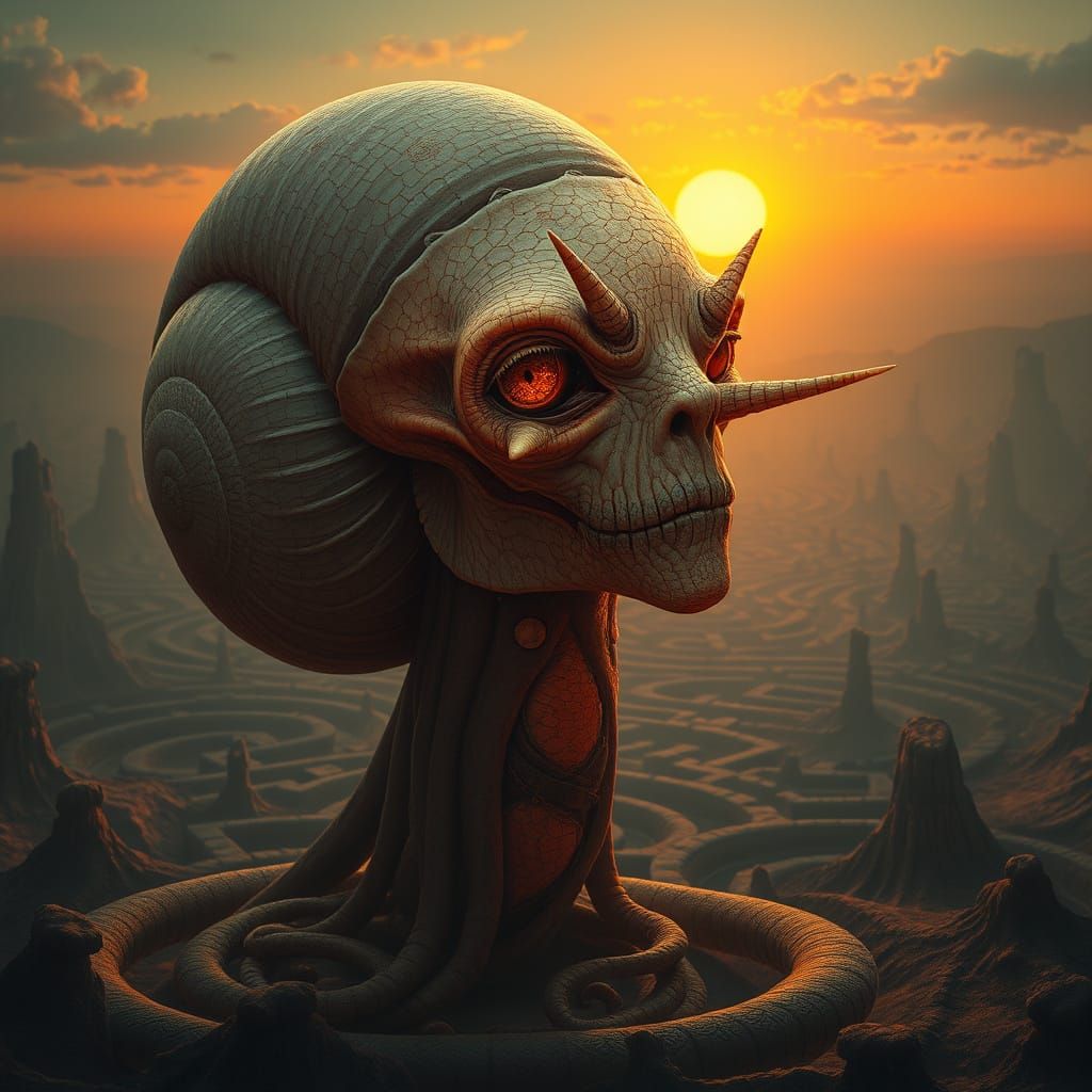 Beksiński-Inspired Woman-Snail Hybrid in Expressionist Surre...