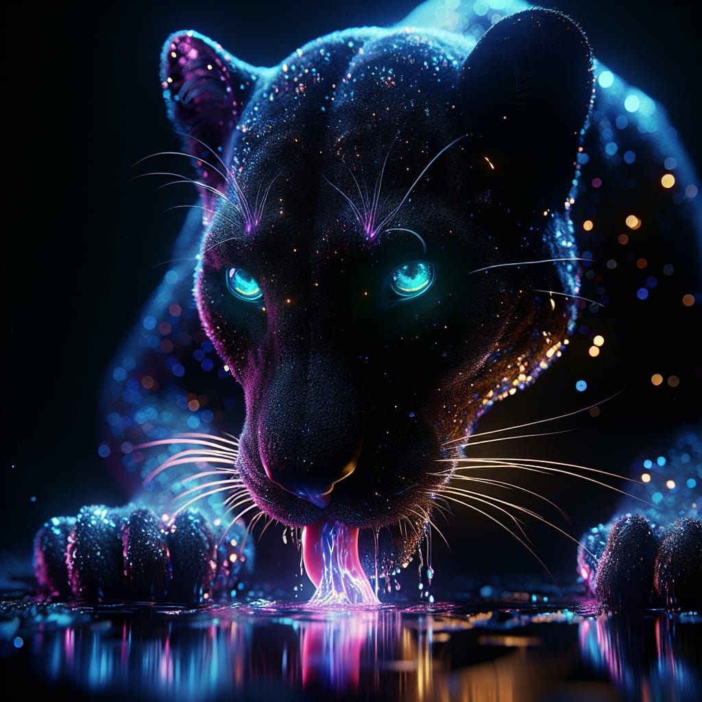 Bioluminescent Panther Drinking: Hyperrealistic CGI Diorama