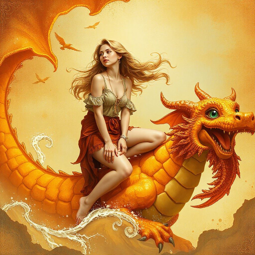 Woman on Gummy Dragon in Effervescent Sea, Art Nouveau & Neo...