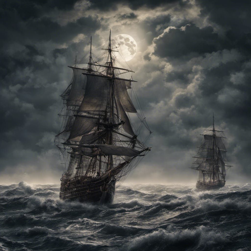 Old sailing ships moonlight.