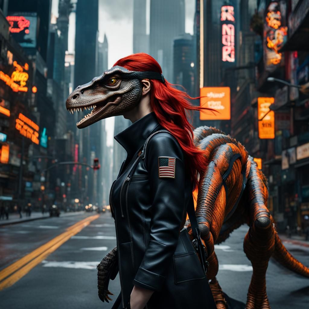Woman Walks Velociraptor in Cyberpunk City
