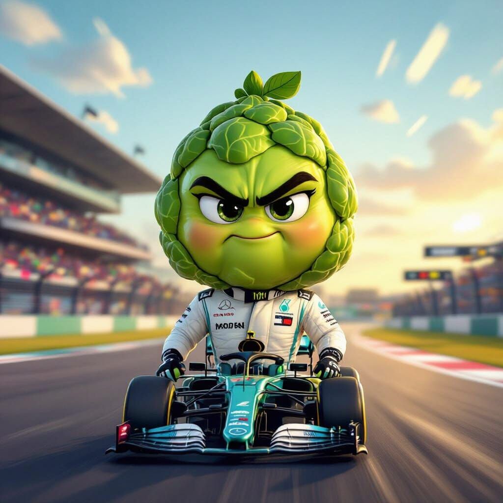 George Russell F1 as a Brussel Sprout in Cartoon Style