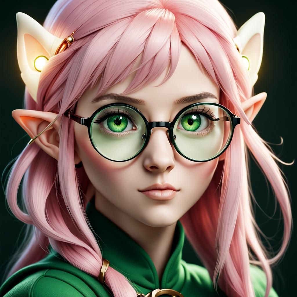 Anime Elf Girl Portrait with Pink Hair and Glasses