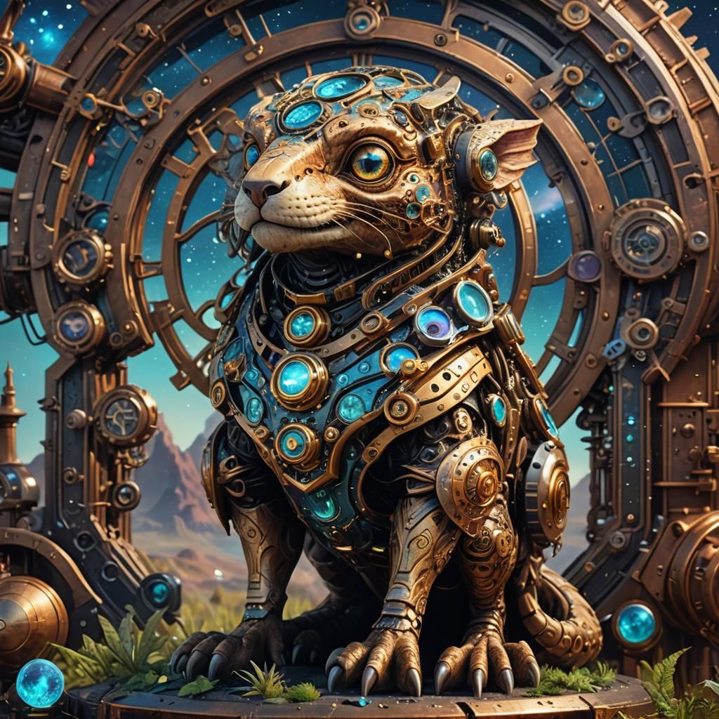 Cute Animal in Holographic Steampunk Astral Illustration