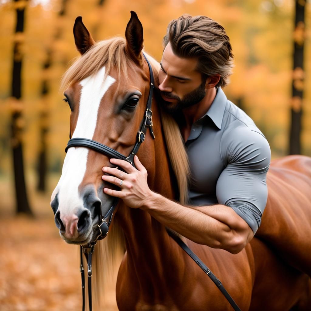 Man Embraces Horse in Warm Hues