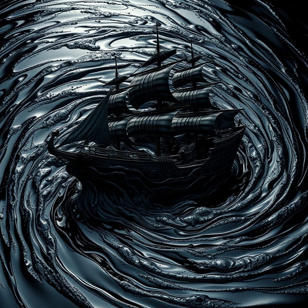Black Liquid Pirate Ship with Hyperdetailed Texture