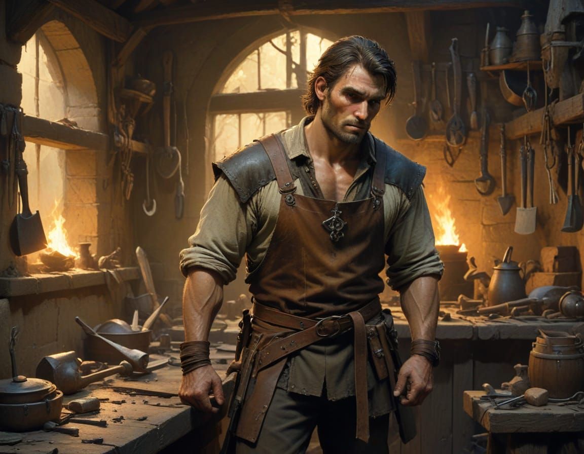 Medieval Blacksmith in Rustic Smithy