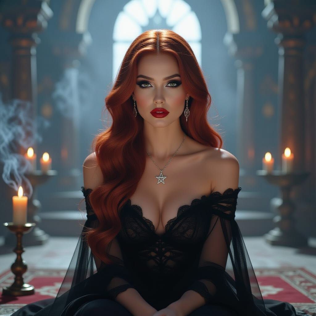 Goddess with Red Hair in Cinematic Temple