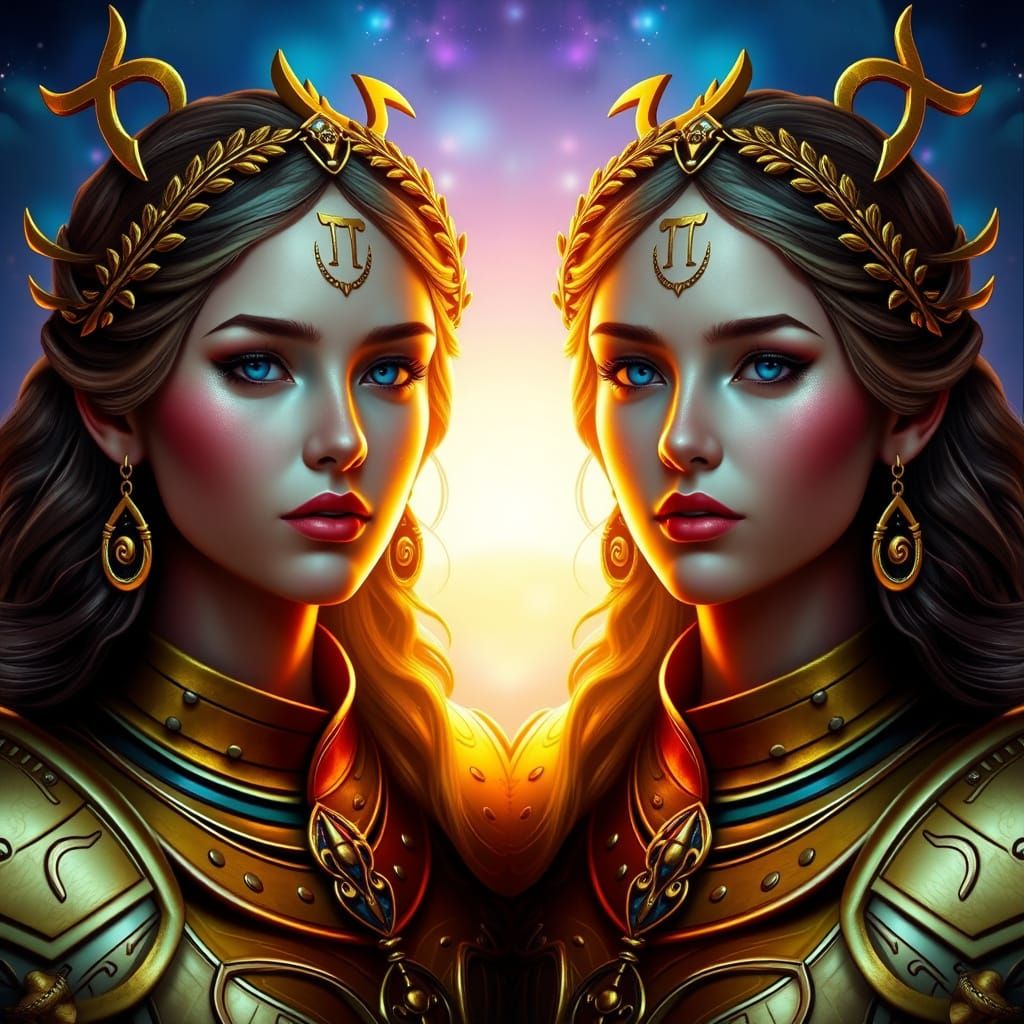 Twin Goddesses in Golden Armor with Gemini Symbol