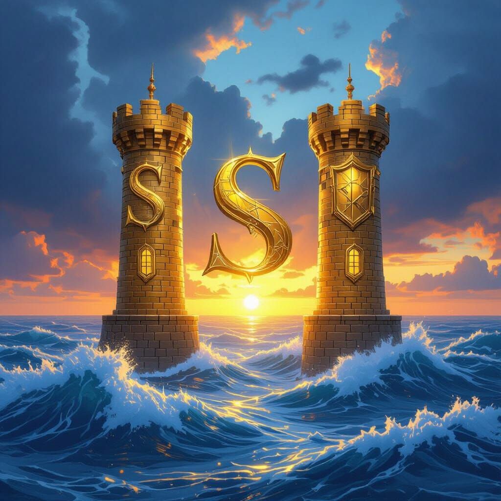 Golden Towers Logo Against Stormy Sunset