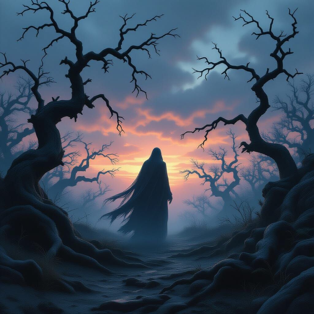 Spectral Figure in Gnarled Forest Under Twilight Sky