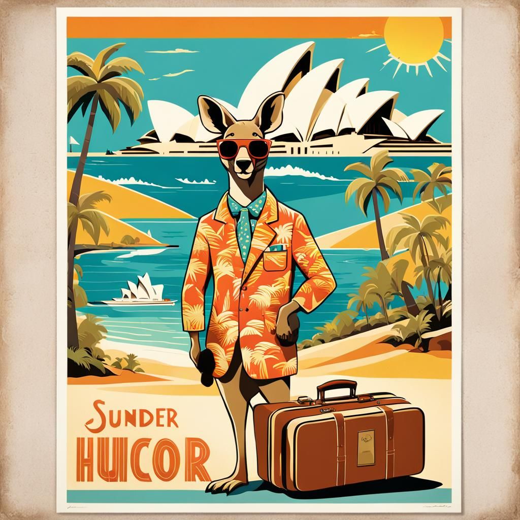 Australia Travel Poster: Retro Art Deco Kangaroo