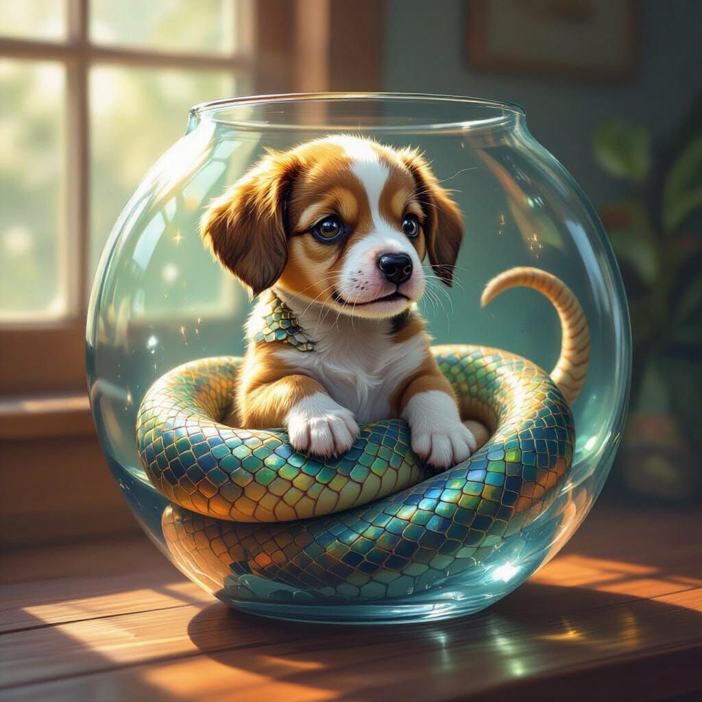 Snake-Puppy Hybrid in Fishbowl as Hyperrealistic Digital Pai...