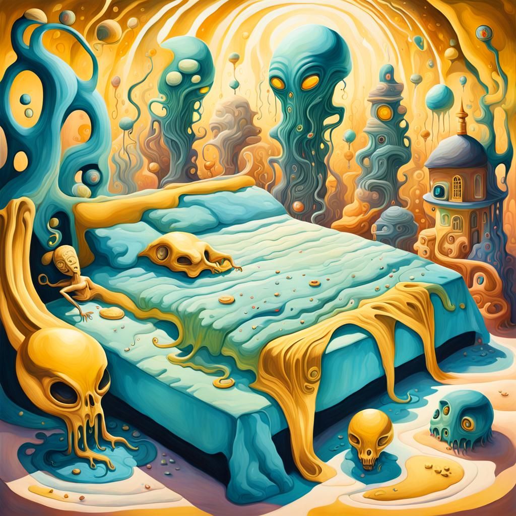 Surreal Dreamscape with Sleeping Figures in Oil Paint Style