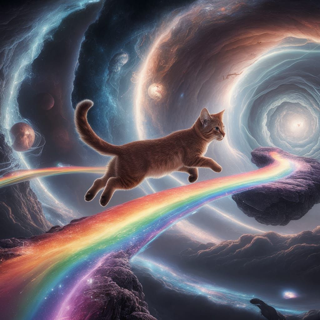 Brown Cat's Cosmic Leap to Heaven: Holographic Illustration