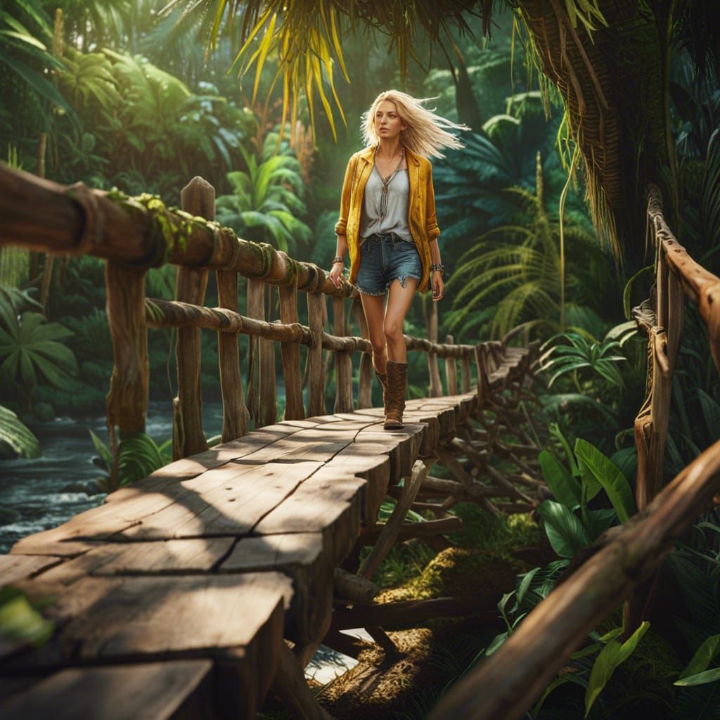 Woman on Jungle Bridge in Hypermaximalist Style