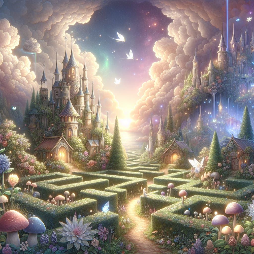 Enchanting Maze Village Under Dramatic Cloudscape