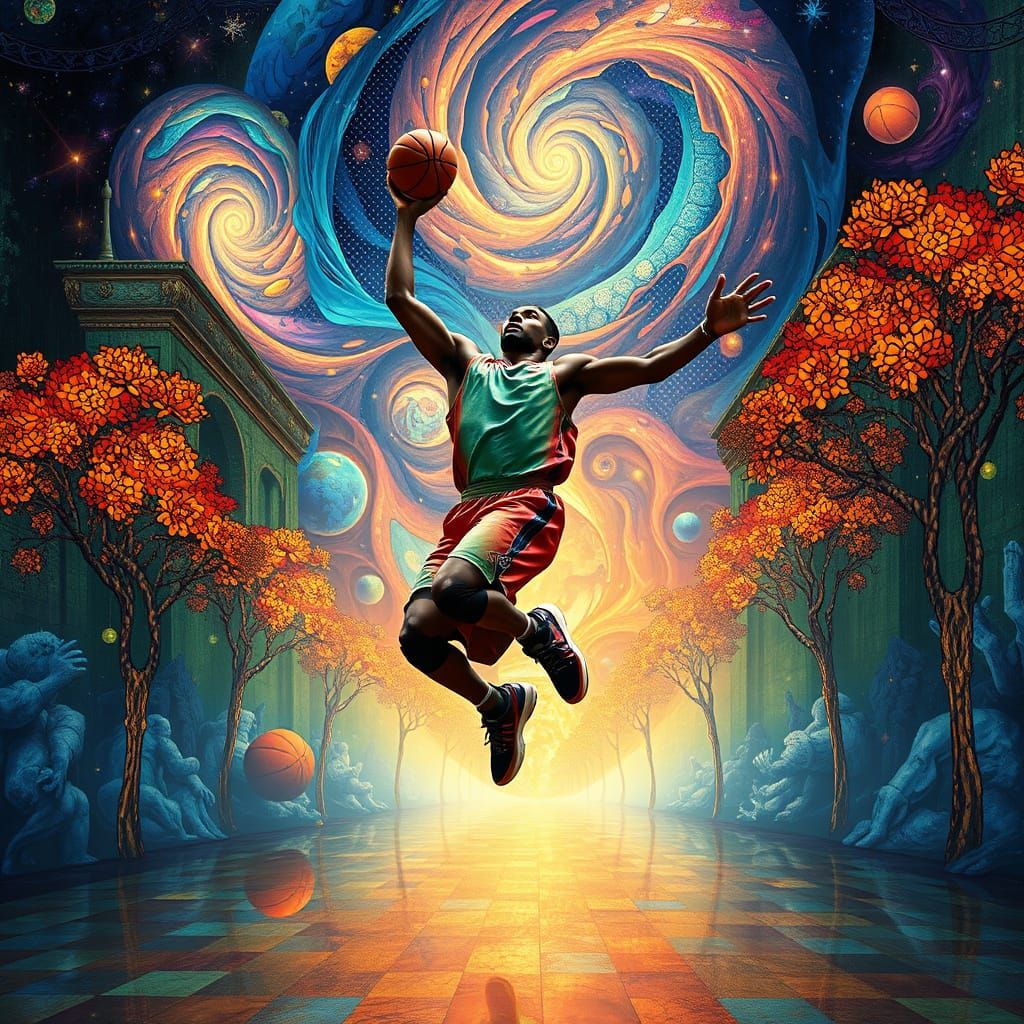 Basketball Player in Dreamlike Realm with Iridescent Colors