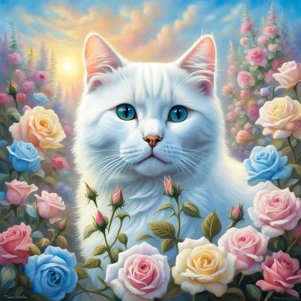 Cute White Cat in Pastel Flower Fantasy