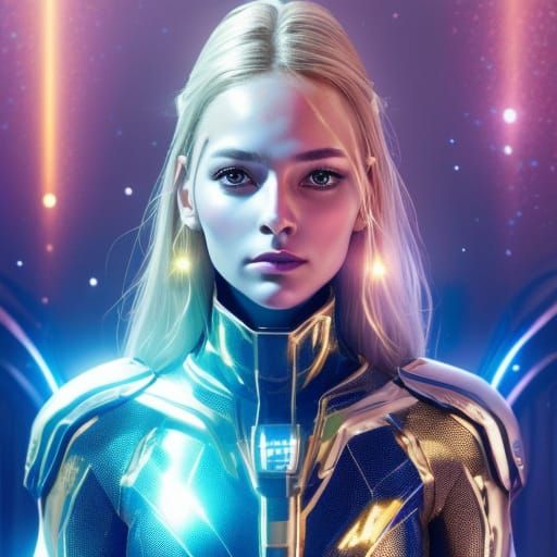 Epic Space Woman in Futuristic Space Suit Stands Confidently...